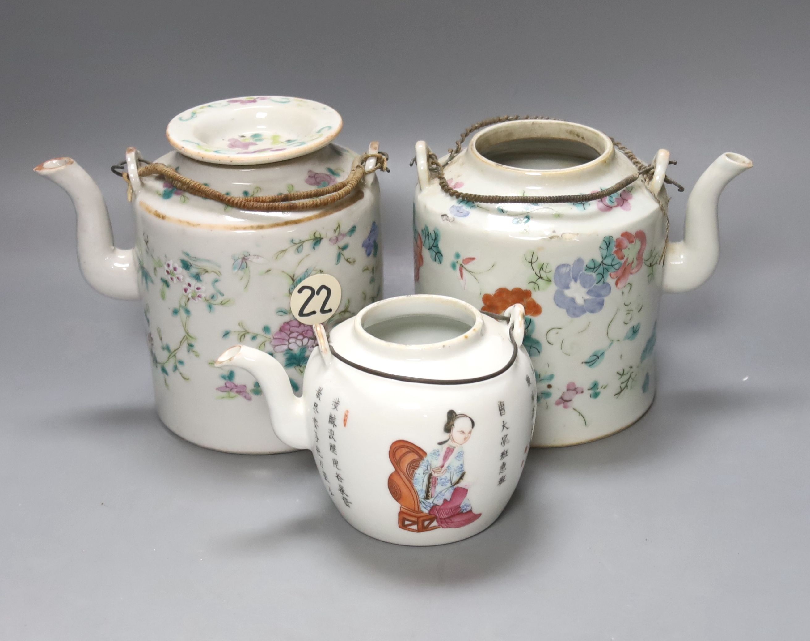 Three 19th century Chinese famille rose teapots, tallest 14cm